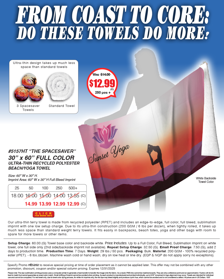 5157HT The SPACESAVER - 30 in x 60 in FULL COLOR ULTRA-THIN RECYCLED POLYESTER BEACH/YOGA TOWEL
