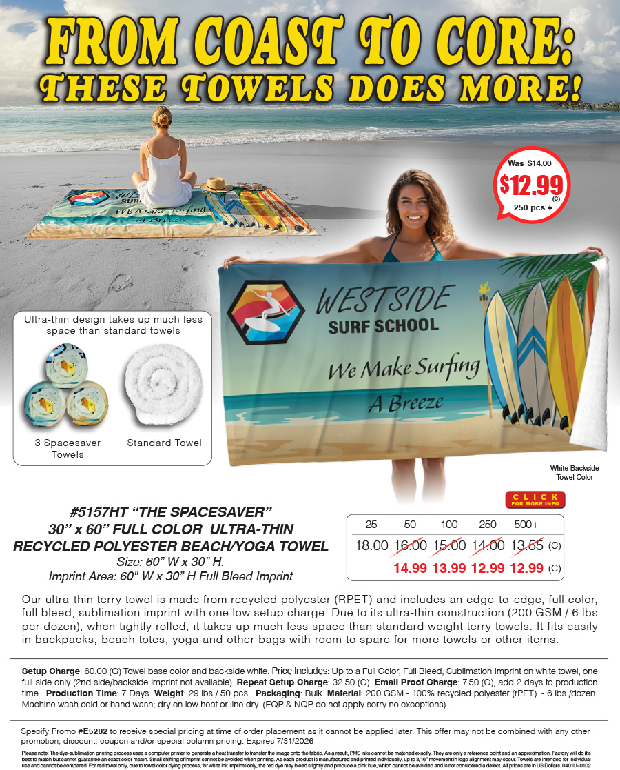 5157HT The SPACESAVER - 30 in x 60 in FULL COLOR ULTRA-THIN RECYCLED POLYESTER BEACH/YOGA TOWEL