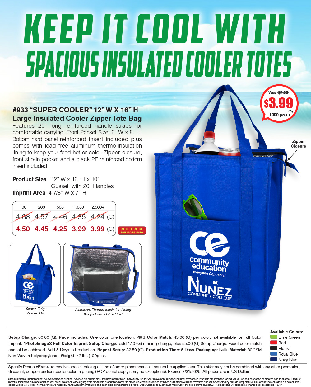 933 80GSM Non-Woven Large Zippered  Insulated -Super Cooler- Tote Bag
