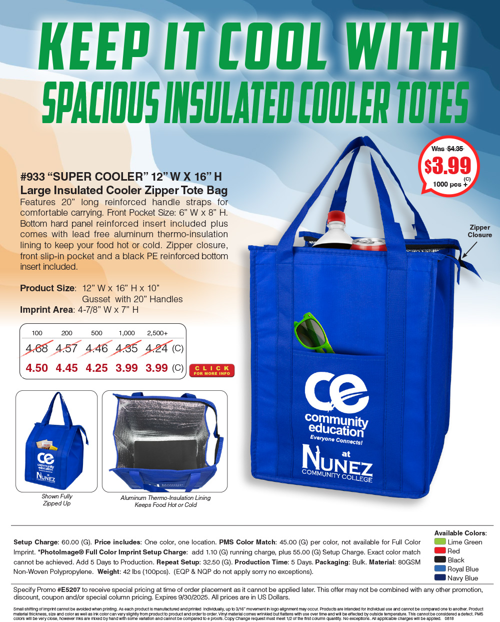933 80GSM Non-Woven Large Zippered  Insulated -Super Cooler- Tote Bag