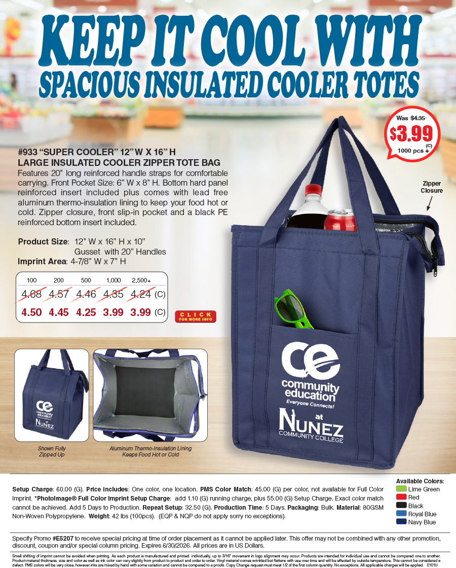 933 80GSM Non-Woven Large Zippered  Insulated -Super Cooler- Tote Bag