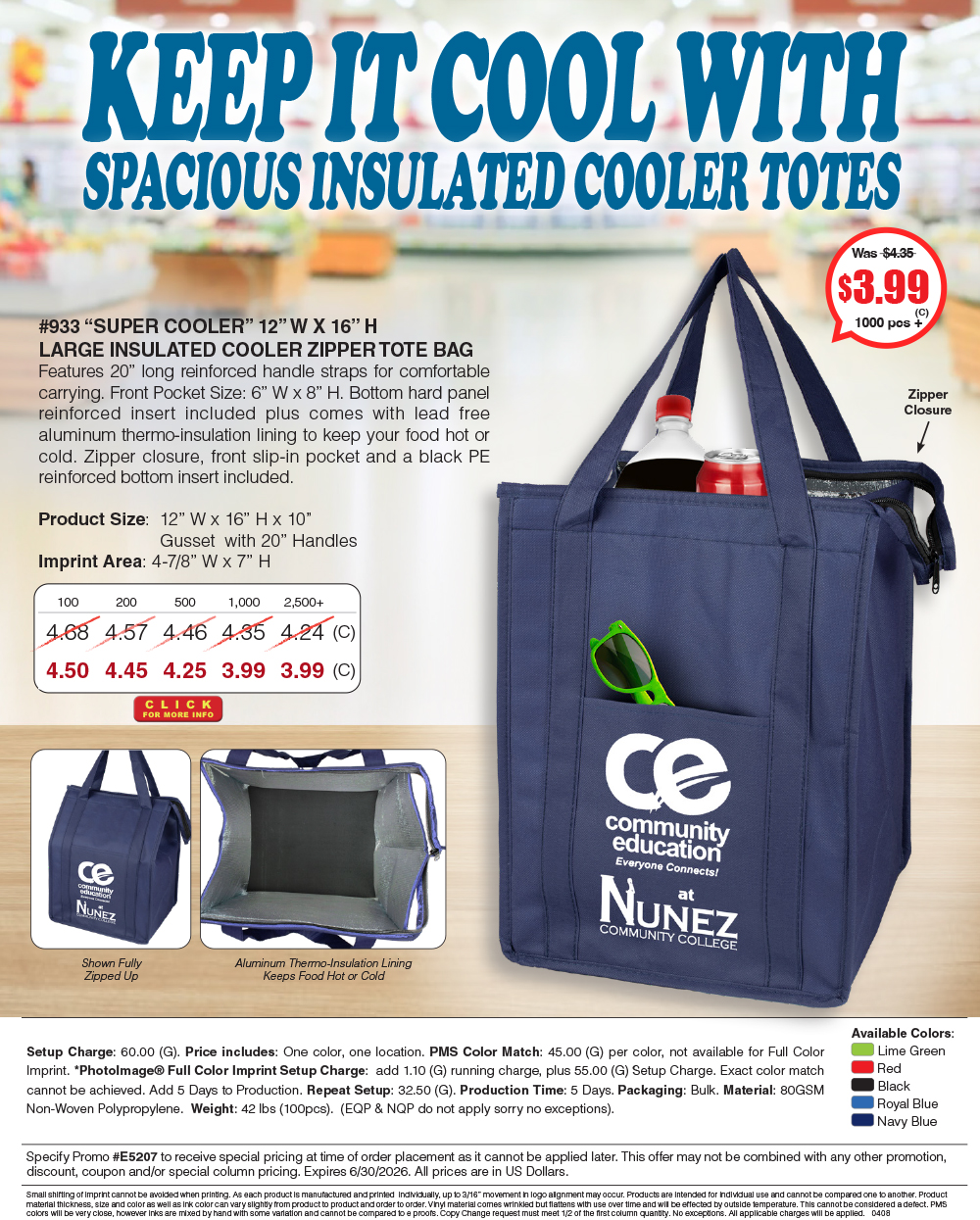 933 80GSM Non-Woven Large Zippered  Insulated -Super Cooler- Tote Bag