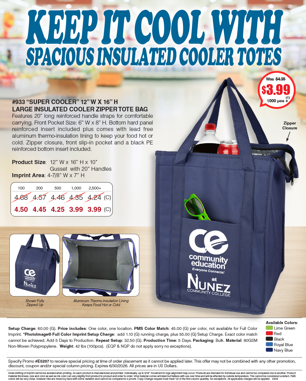 933 80GSM Non-Woven Large Zippered  Insulated -Super Cooler- Tote Bag