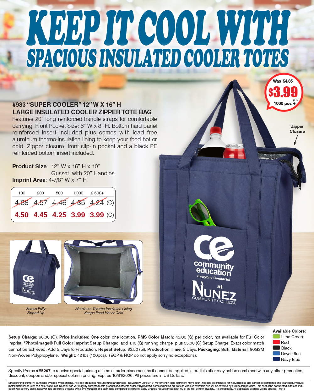 933 80GSM Non-Woven Large Zippered  Insulated -Super Cooler- Tote Bag