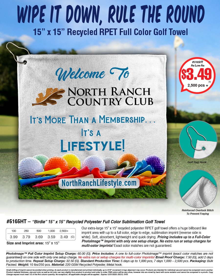 5165HT Recycled Polyester Full Color Sublimation Golf Towel