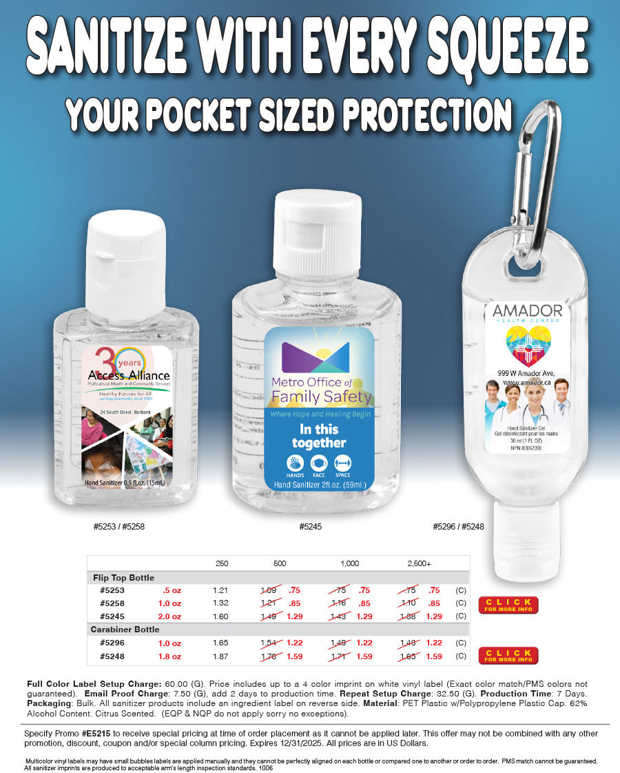 #4 Color 1 oz Sanitizer Antibacterial Gel in Flip-Top Bottle with Carabiner