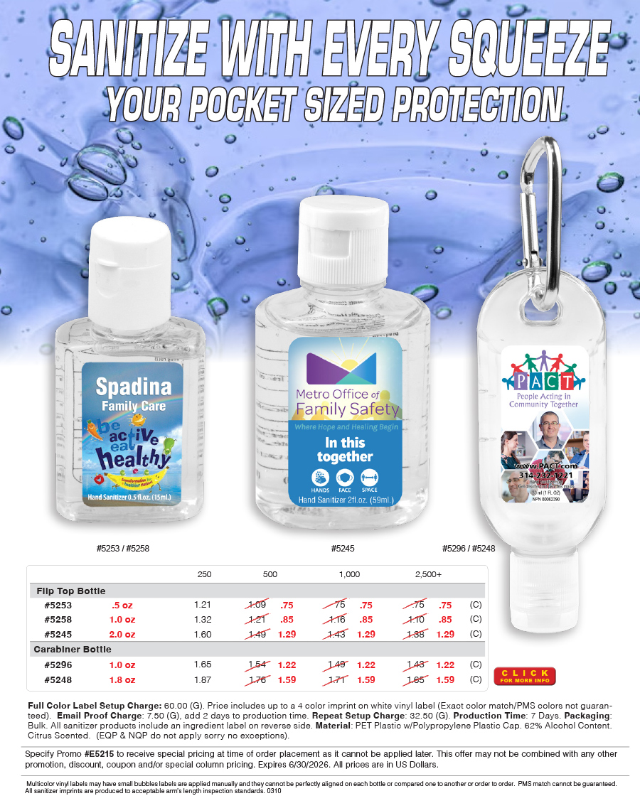 #4 Color 1 oz Sanitizer Antibacterial Gel in Flip-Top Bottle with Carabiner