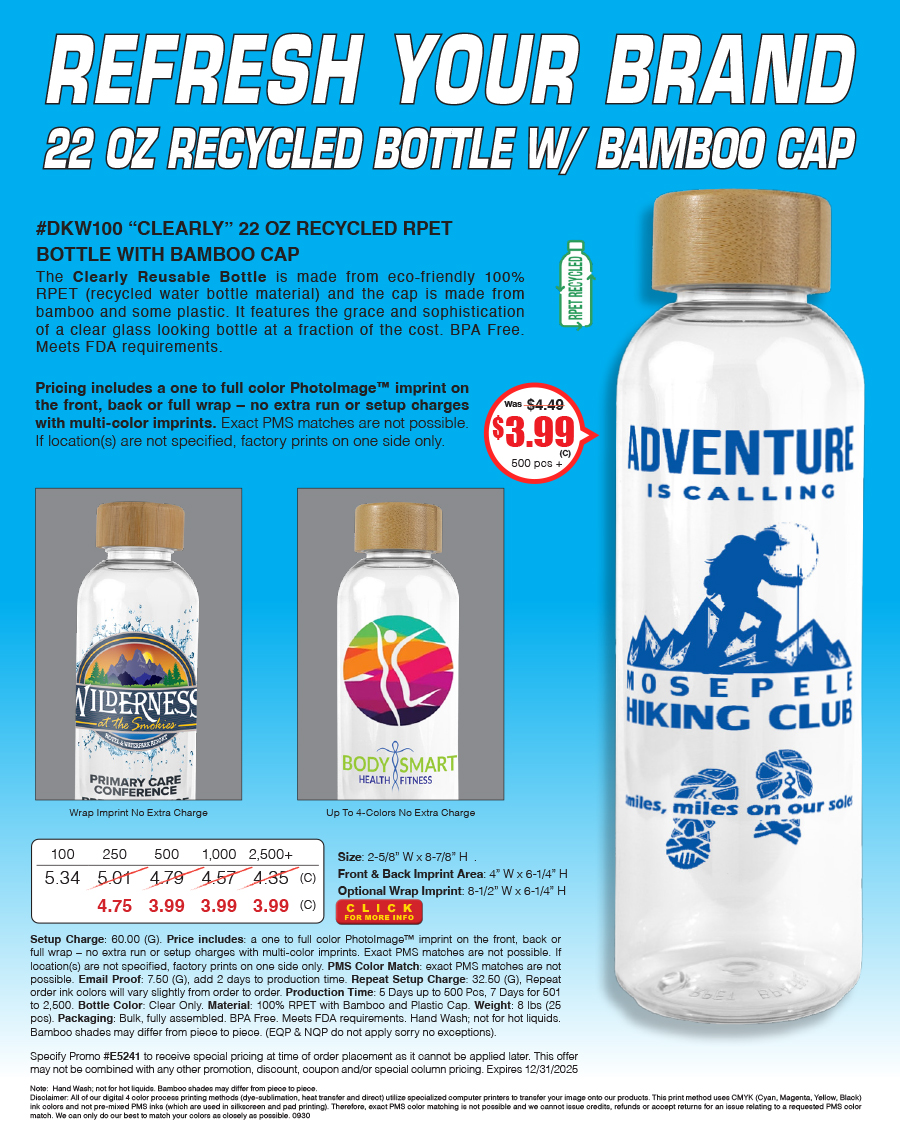 DKW100 22 Oz. RPET Reusable Bottle with Bamboo Cap