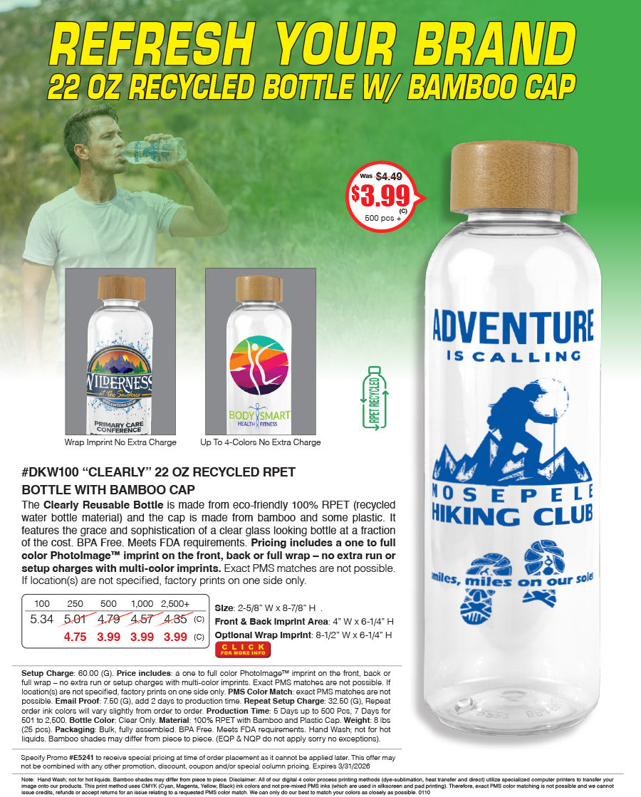 DKW100 22 Oz. RPET Reusable Bottle with Bamboo Cap