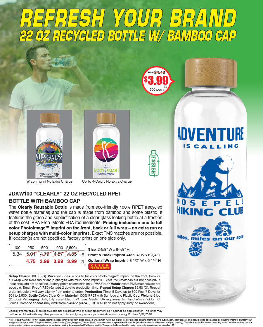 DKW100 22 Oz. RPET Reusable Bottle with Bamboo Cap