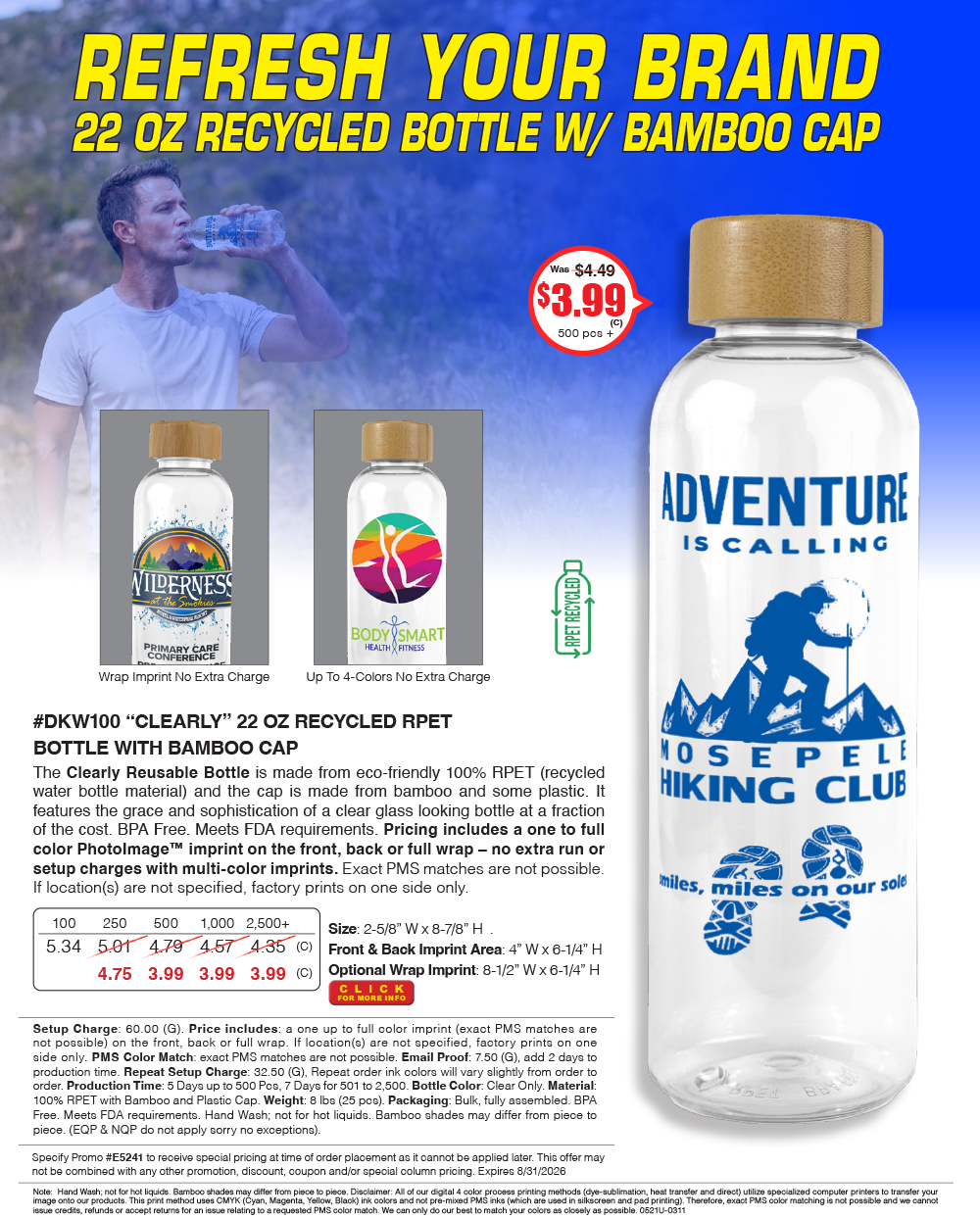 DKW100 22 Oz. RPET Reusable Bottle with Bamboo Cap