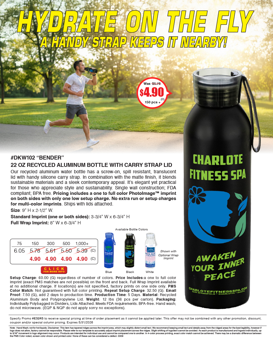 DKW102 BENDER - 22 Oz Recycled Aluminum Bottle with Carry Strap Lid