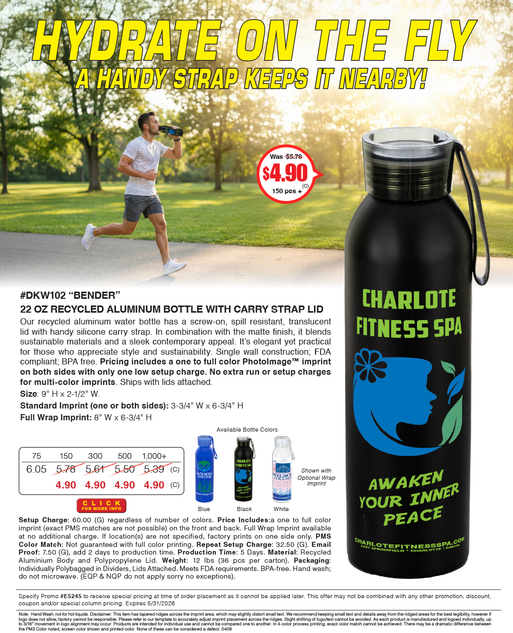 DKW102 BENDER - 22 Oz Recycled Aluminum Bottle with Carry Strap Lid