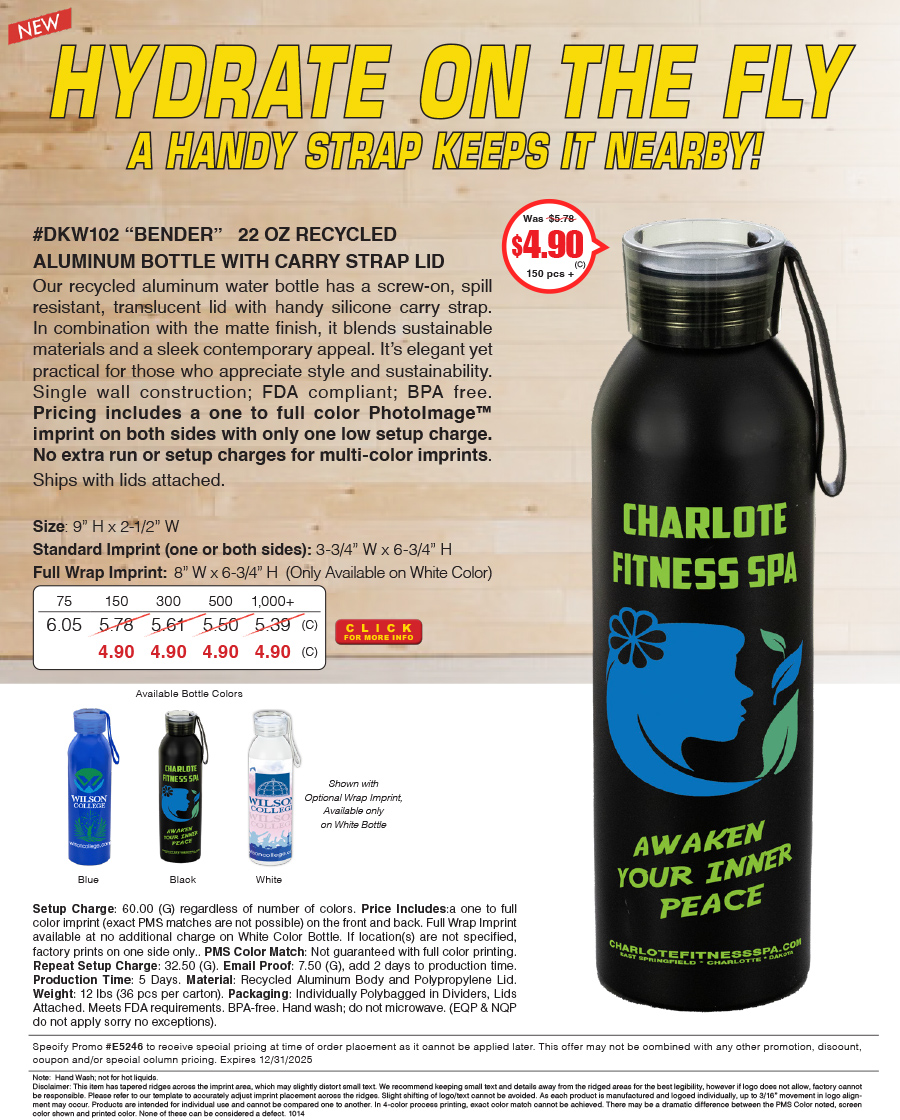 DKW102 BENDER - 22 Oz Recycled Aluminum Bottle with Carry Strap Lid