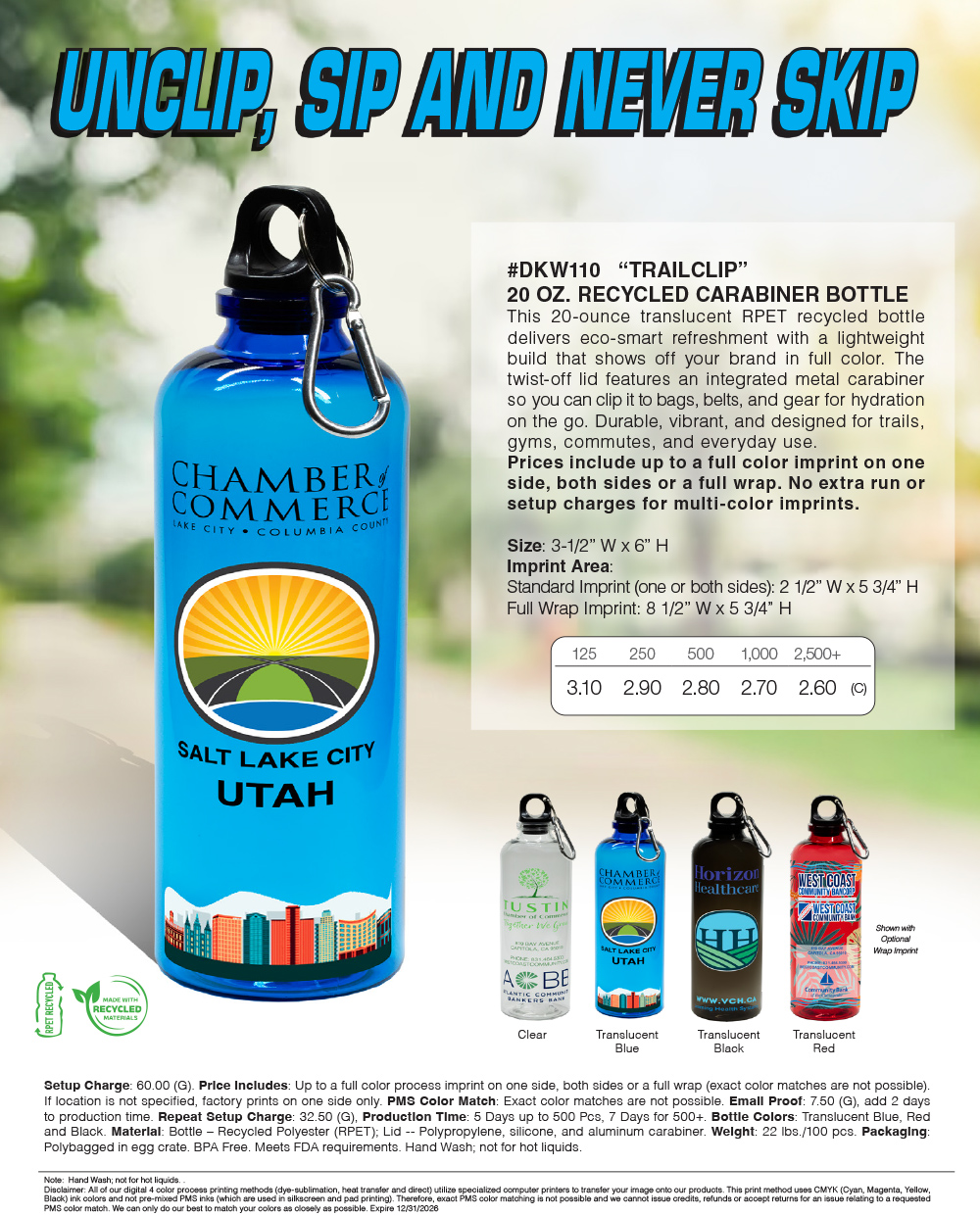 #DKW110 �TrailClip� 20 Oz. Recycled Carabiner Bottle