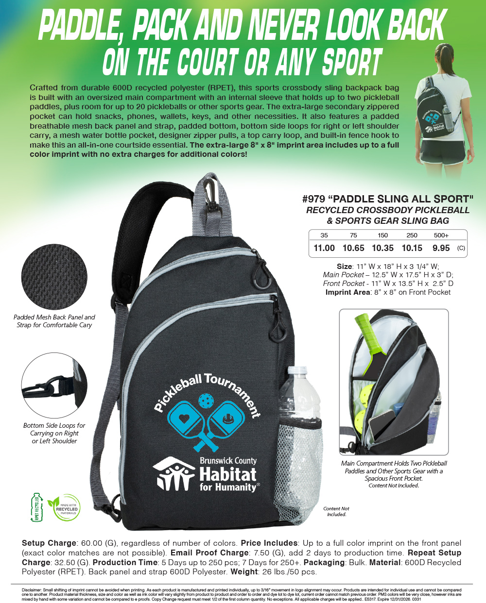 #979 Recycled Crossbody Pickleball & Sports Gear Sling Bag