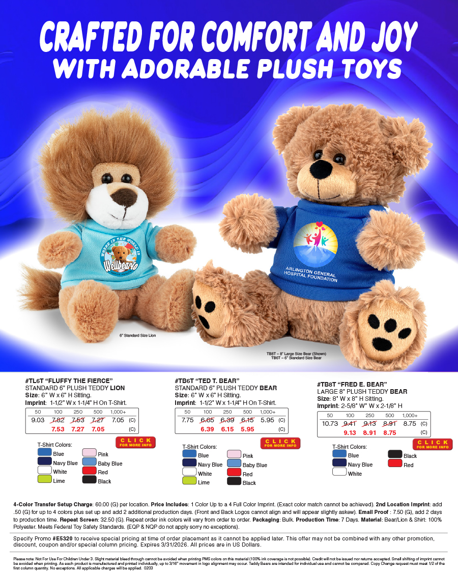 #TB6T  TB8T TL6T Plush Toys with Choice of T-Shirt Color