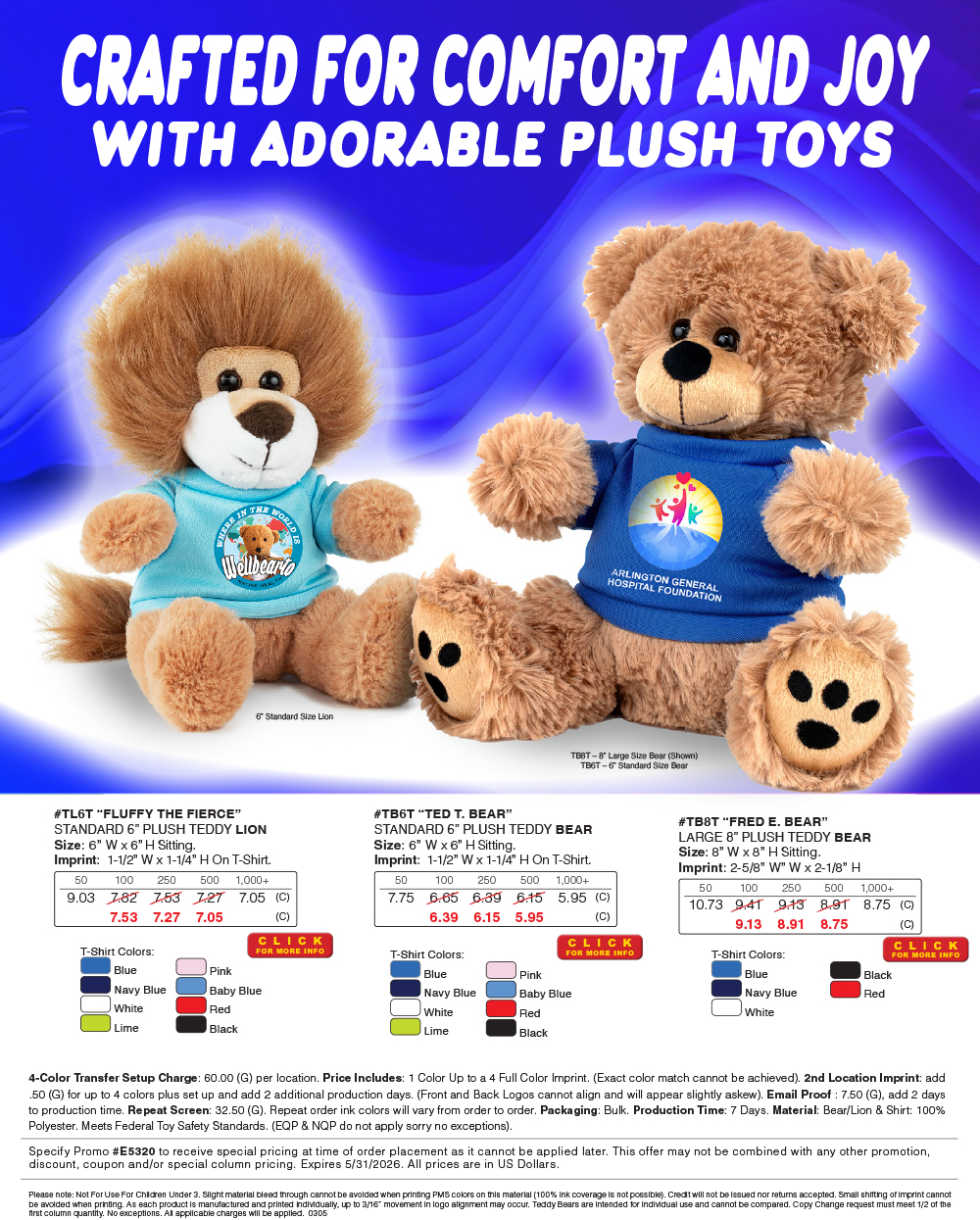 #TB6T  TB8T TL6T Plush Toys with Choice of T-Shirt Color