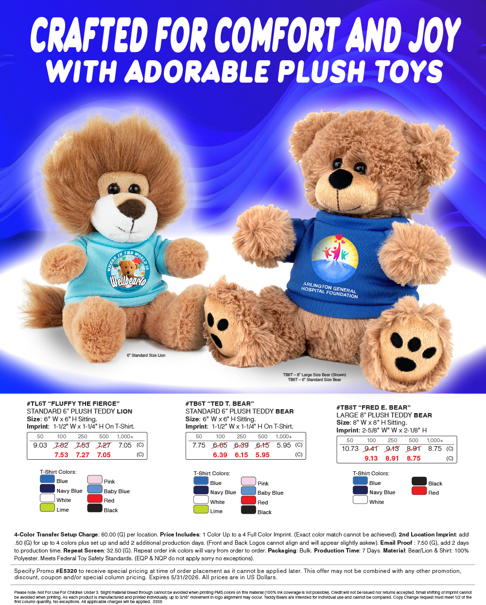 #TB6T  TB8T TL6T Plush Toys with Choice of T-Shirt Color
