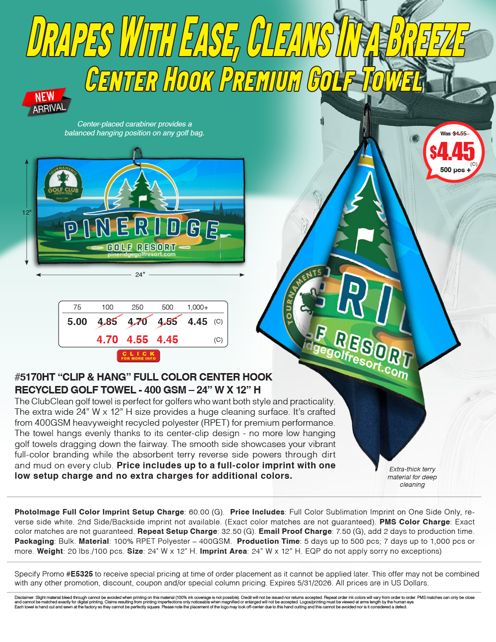 5170HT - CLIP & HANG -  FULL COLOR CENTER HOOK RECYCLED GOLF TOWEL 