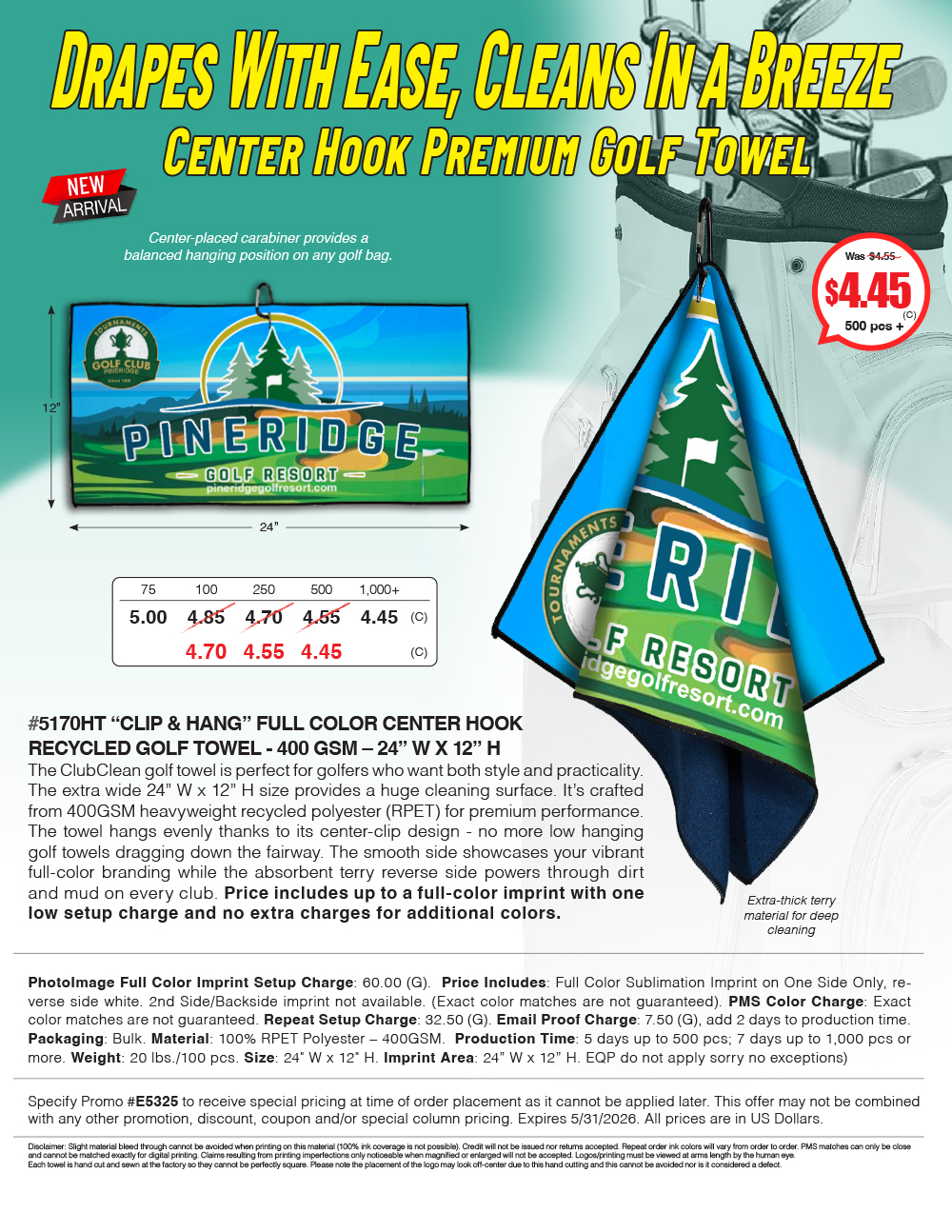 5170HT - CLIP & HANG -  FULL COLOR CENTER HOOK RECYCLED GOLF TOWEL 
