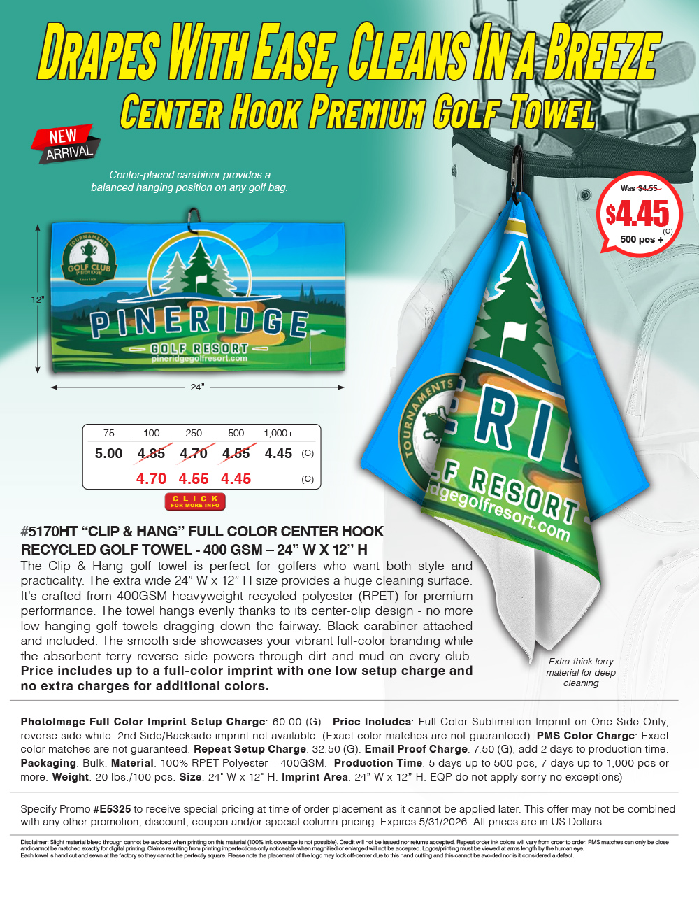 5170HT - CLIP & HANG -  FULL COLOR CENTER HOOK RECYCLED GOLF TOWEL 
