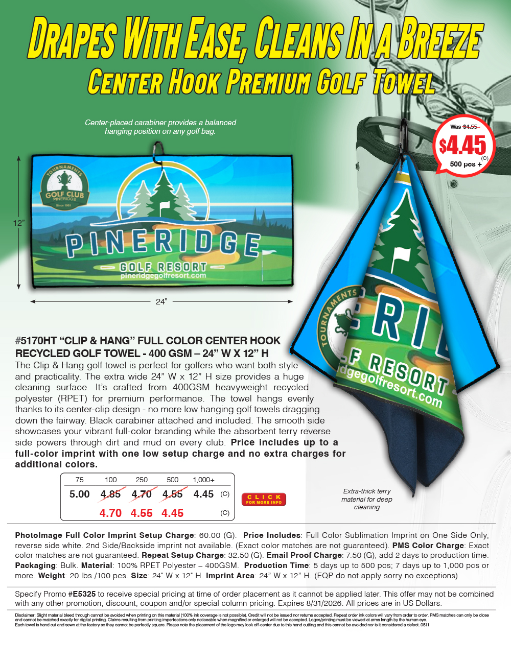 5170HT - CLIP & HANG -  FULL COLOR CENTER HOOK RECYCLED GOLF TOWEL 