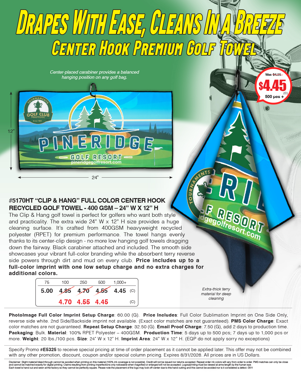 5170HT - CLIP & HANG -  FULL COLOR CENTER HOOK RECYCLED GOLF TOWEL 
