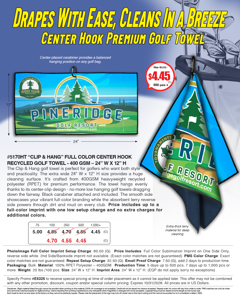 5170HT - CLIP & HANG -  FULL COLOR CENTER HOOK RECYCLED GOLF TOWEL 