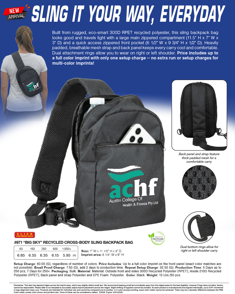 971 RECYCLED CROSS-BODY SLING BACKPACK BAG