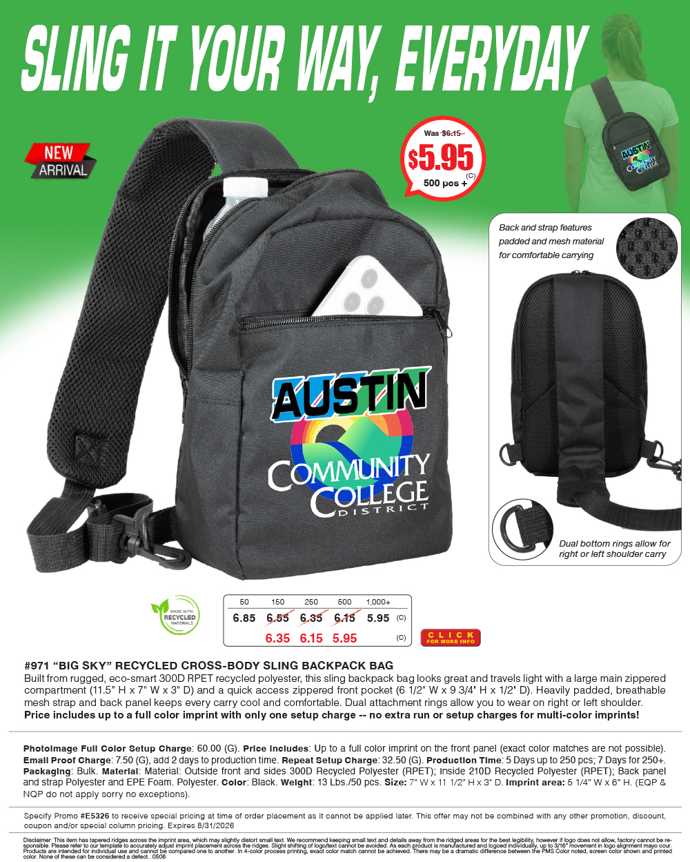 971 RECYCLED CROSS-BODY SLING BACKPACK BAG