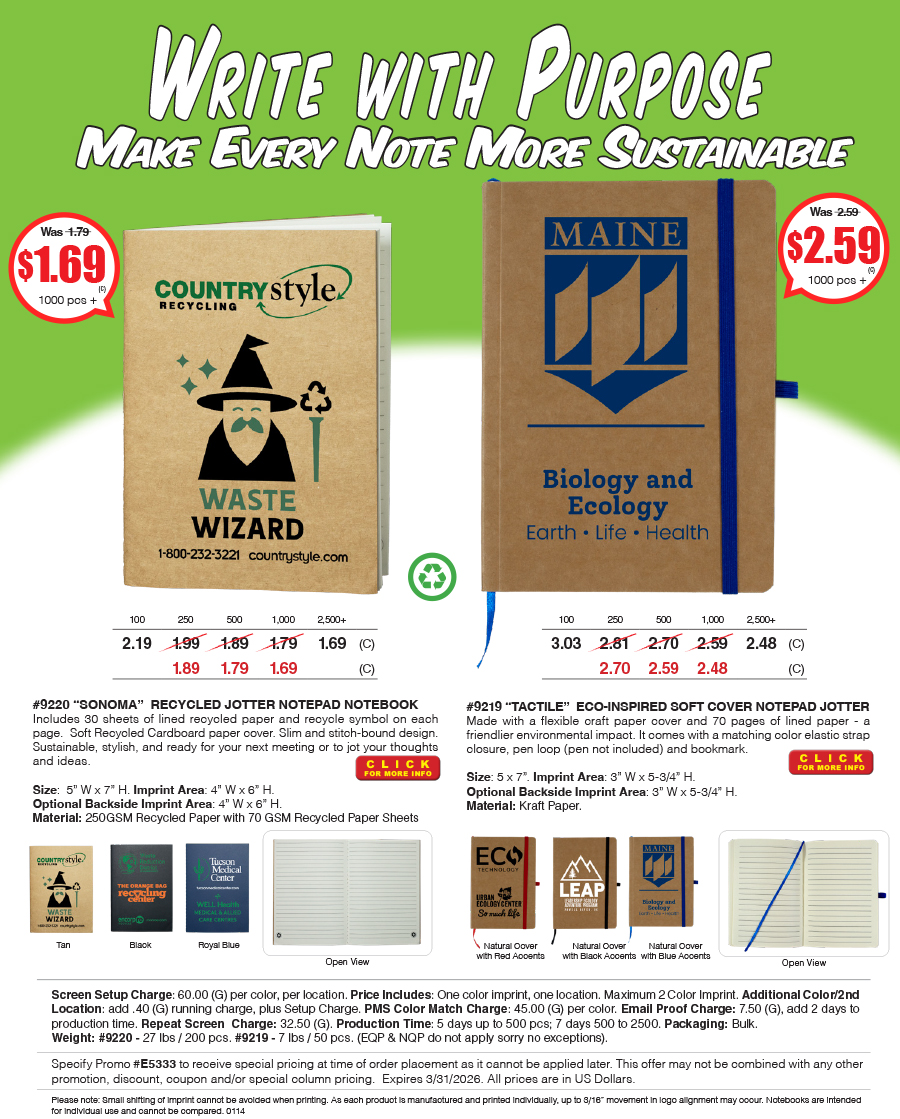 9219 9220 Eco Inspired Notebook Notepads/Jotters
