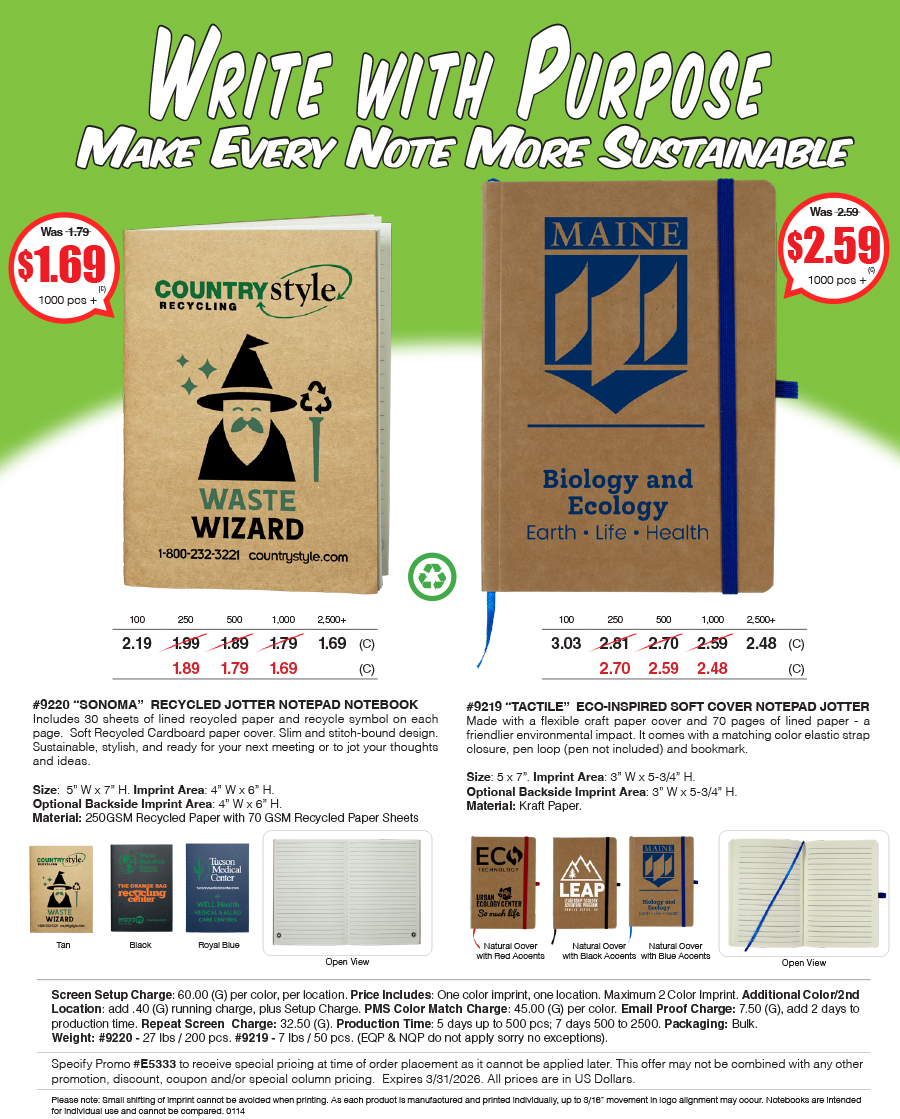 9219 9220 Eco Inspired Notebook Notepads/Jotters