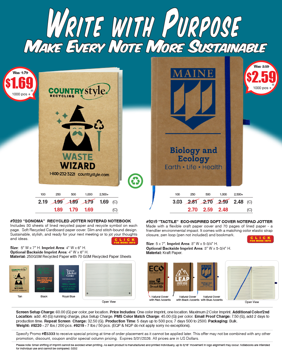 9219 9220 Eco Inspired Notebook Notepads/Jotters