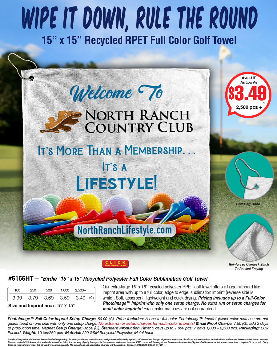 5165HT Recycled Polyester Full Color Sublimation Golf Towel