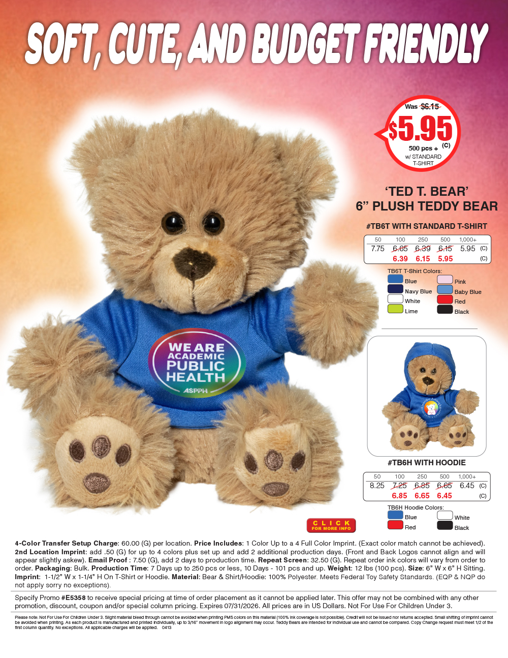 #TB6  6in Plush Teddy Bear with Choice of T-Shirt or Hoodie Color