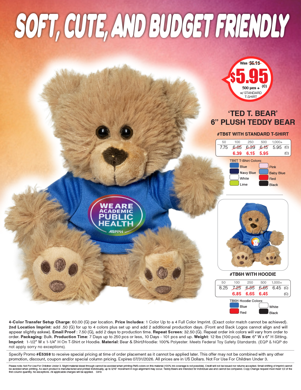#TB6  6in Plush Teddy Bear with Choice of T-Shirt or Hoodie Color
