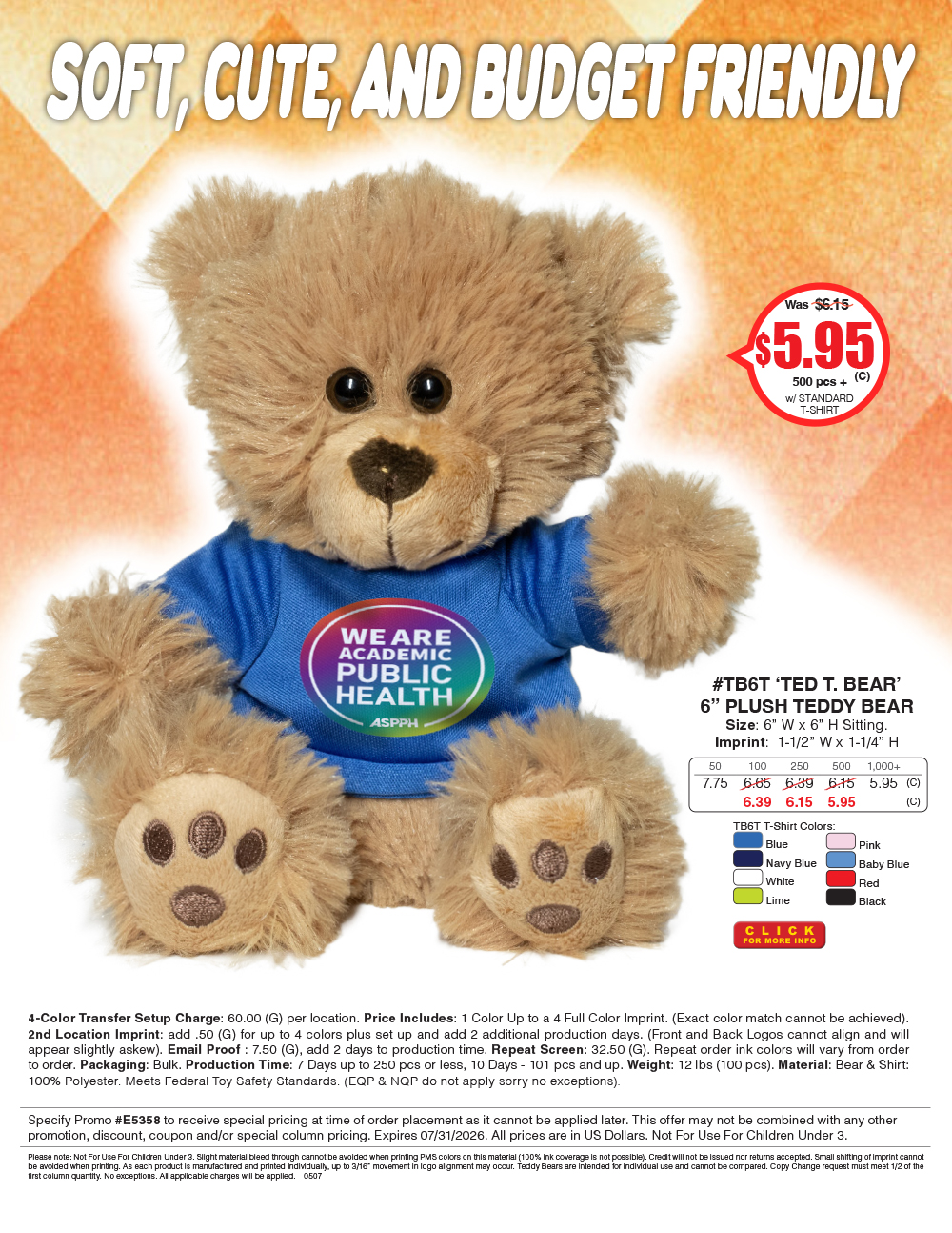 #TB6T 6in Plush Teddy Bear with Choice of T-Shirt Color