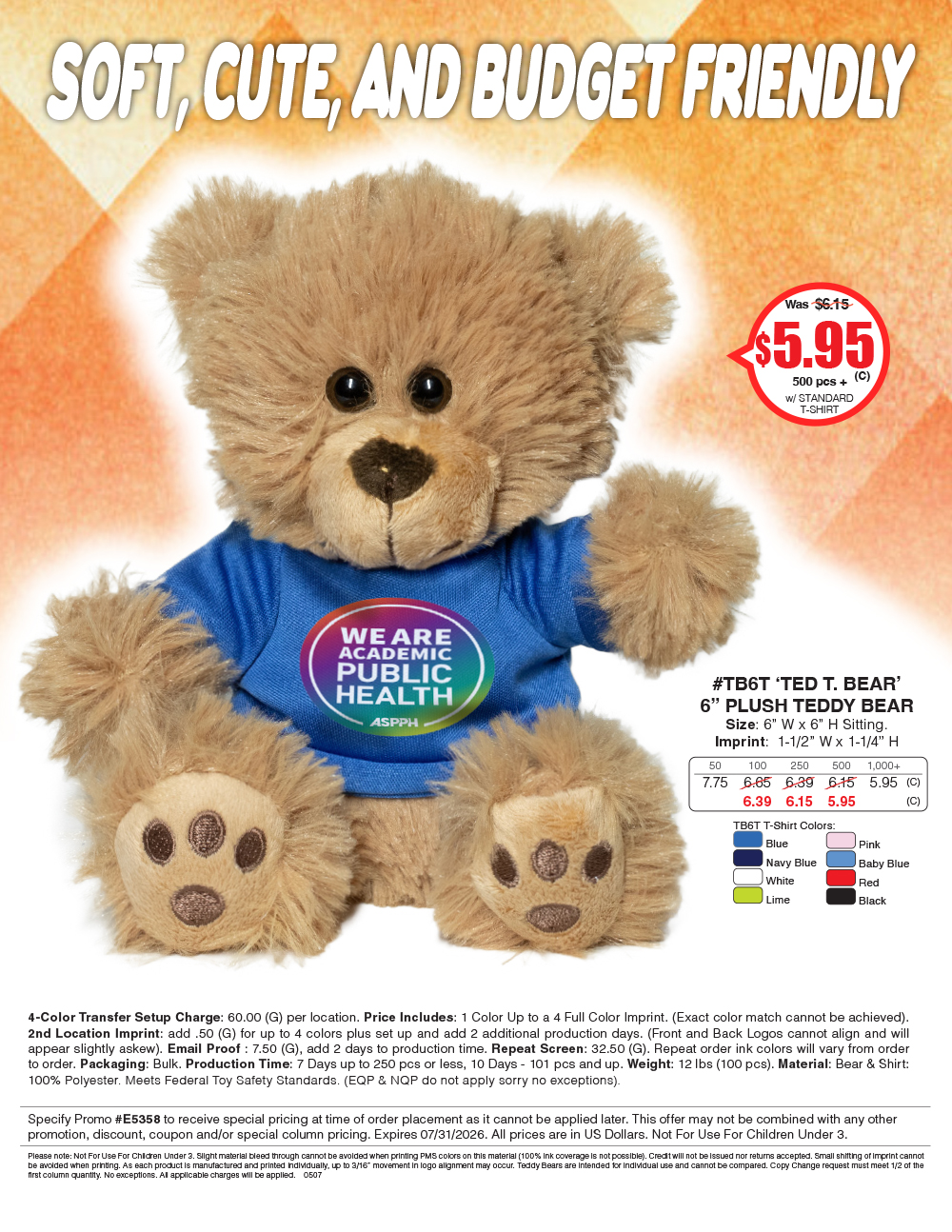 #TB6T 6in Plush Teddy Bear with Choice of T-Shirt Color