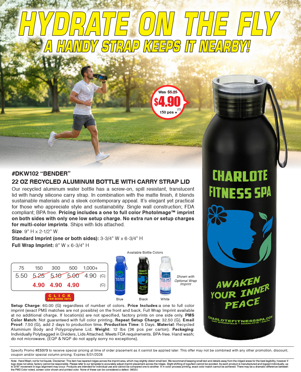 DKW102 BENDER - 22 Oz Recycled Aluminum Bottle with Carry Strap Lid